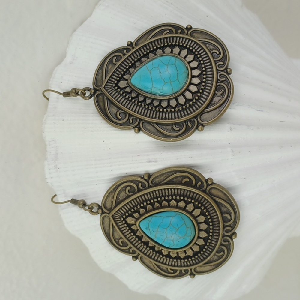 Paparazzi Vintage-Style Bronze and Turquoise Statement Earrings